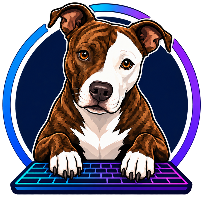 Nova, the brindle-and-white pit bull mascot of Nova Website Designs, paws on a keyboard